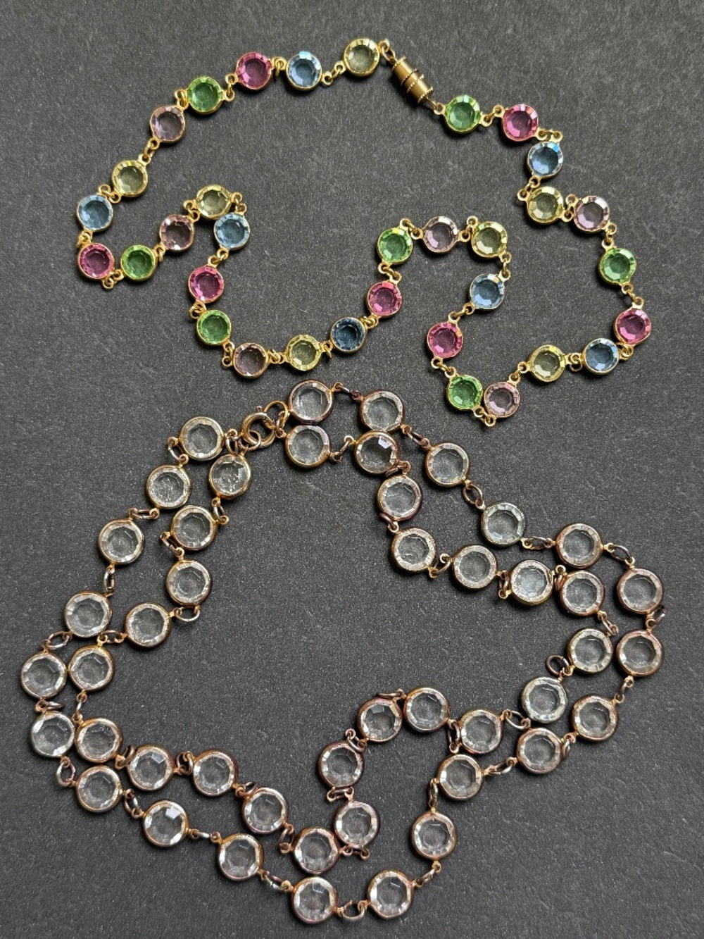 Two VINTAGE Bezel-Set Open-Back Sparkling Necklaces Pastel Clear
